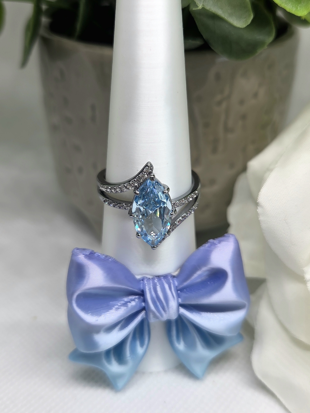 BP Marquise Blue Topaz Halo Ring On Rhodium Plating